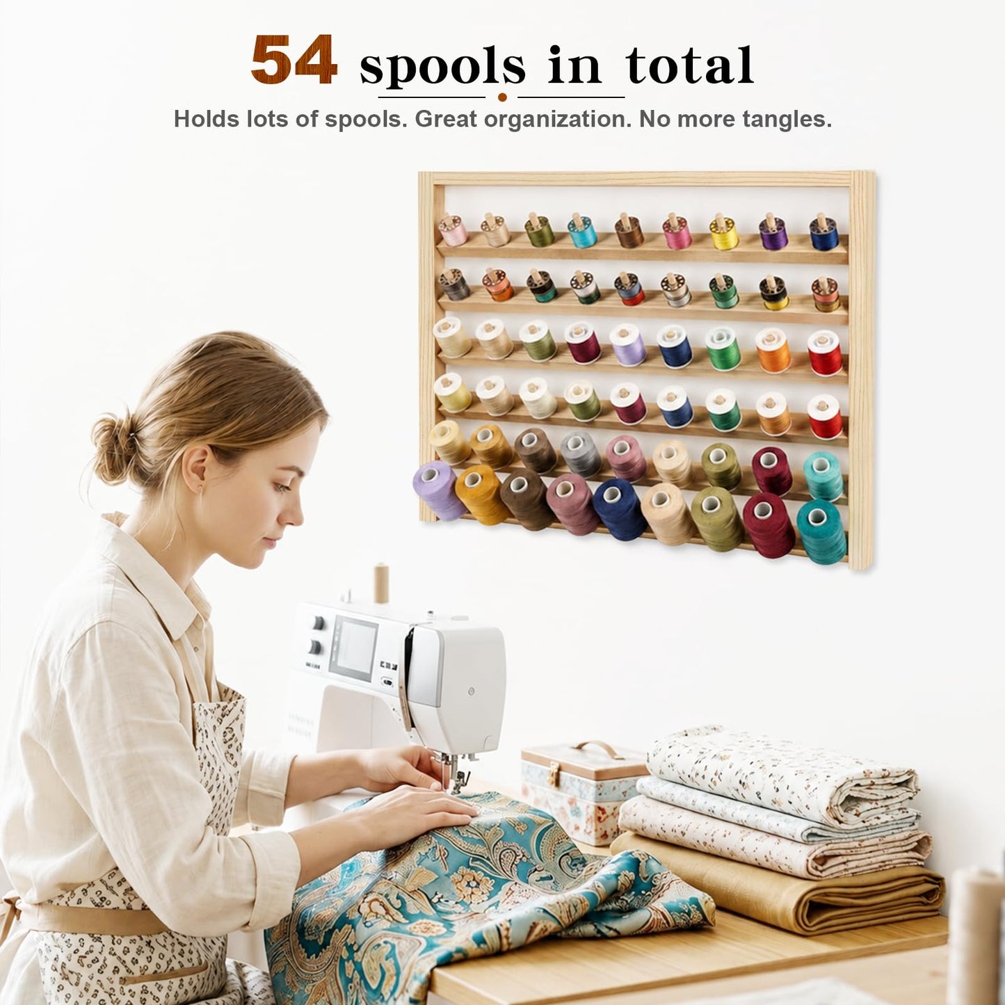 Wettin Premium 54 Spools Wooden Thread Rack – Wall Mounted Sewing Thread Holder Organizer for Craft Room, Embroidery, Hair-braiding & Jewelry Hanging, Includes Hanging Hooks