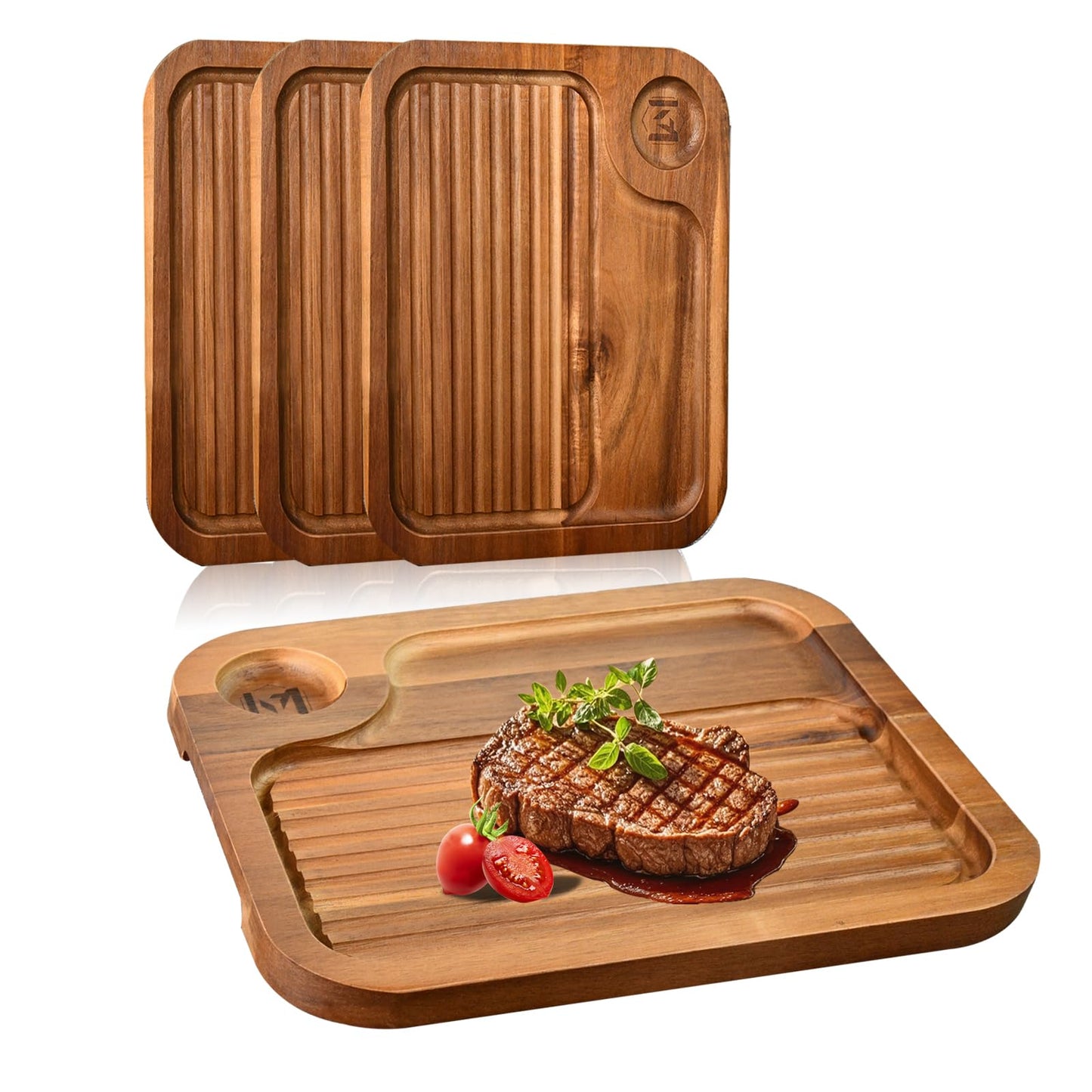 4 pcs Acacia Wood Steak Plates,Carnivore Cutting Board for Eating, Carved Meat Wooden Plate, Food Serving Tray,Cheese Charcuterie Boards with Deep Grooves & Hidden Handles