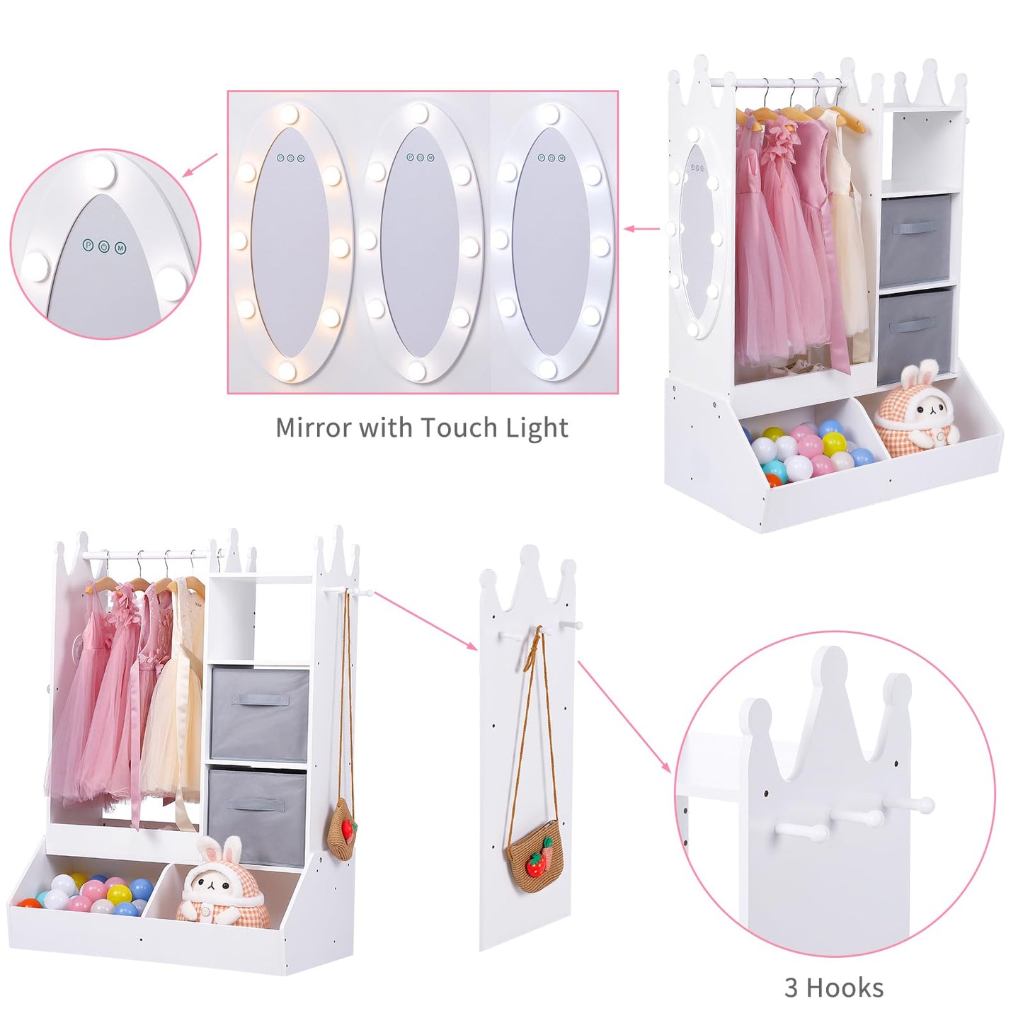 JoanKaren Dress-Up Storage for Girls - Ample Storage, Mirror with Touch Light, Multi-Functional Organizer, White