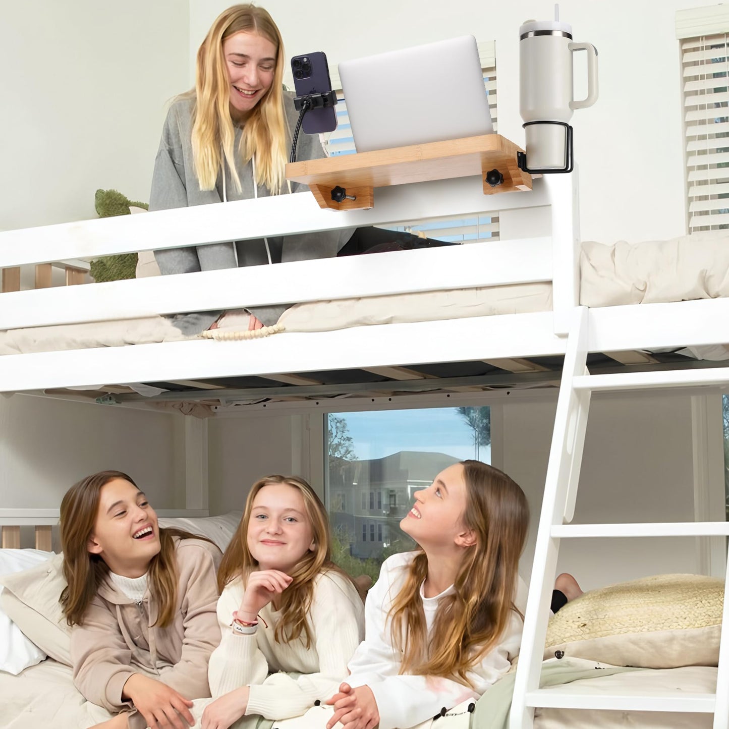 Fivebop Bedside Shelf for Dorm Bed & Top Bunk, Bamboo Bed Side Table Tray with Cup Phone Holder & Hooks, Bedside Caddy, Clip on Nightstand Bedside Storage College Dorm Room Essentials (Bamboo-1)