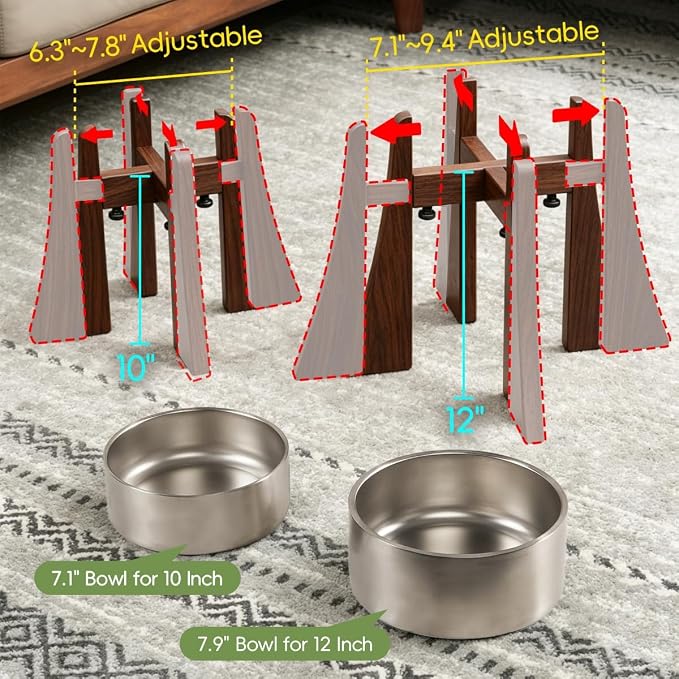 Elevated Bowl Stand 12-inch with Heavy Duty Beech Wood Made, Anti-Vomit Design for Medium Breed, Senior Dogs, Ergonomic Neck Protecting, Adjustable Diameter, Easy Clean Non Toxic
