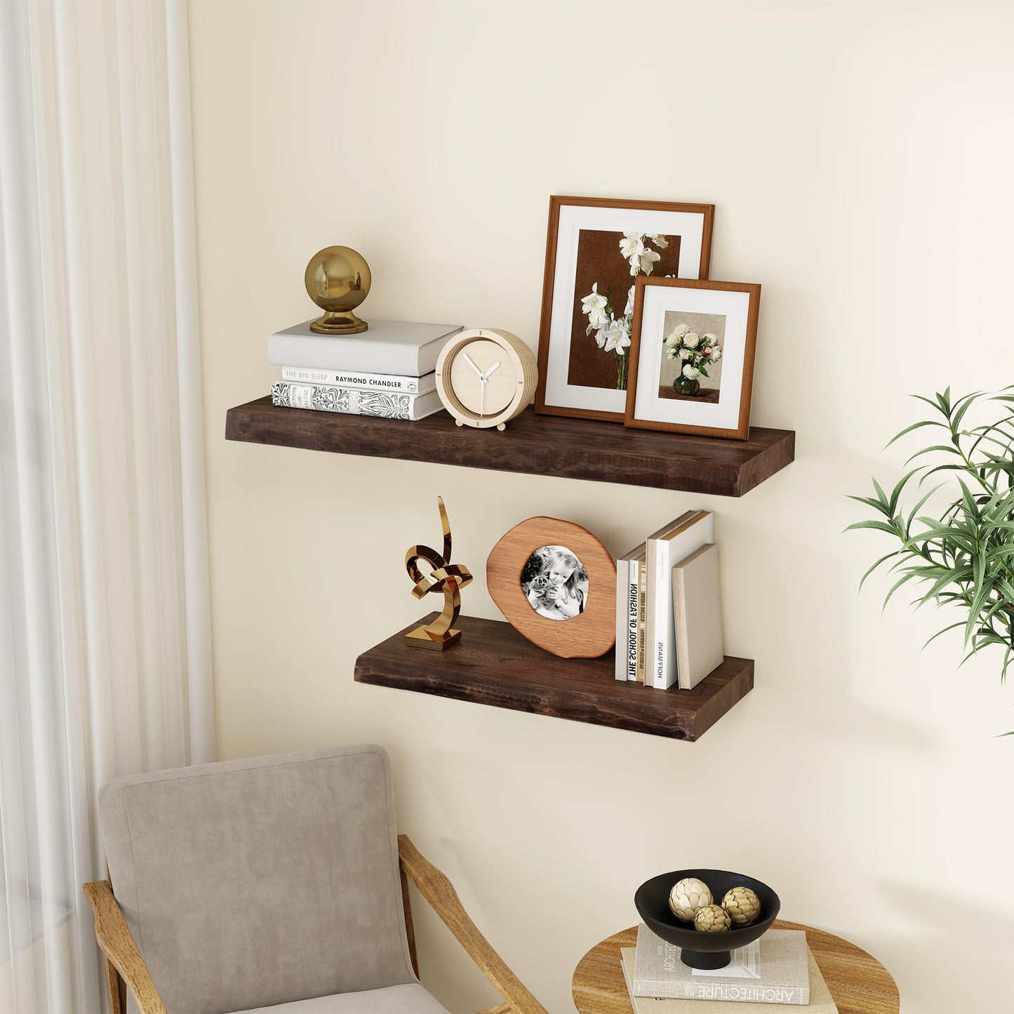 fuqing Solid Elm Wood Floating Shelves for Wall - 36 Inch Wide x 9 Inch Deep Rustic Live Edge Floating Shelves Wall Mounted - Natural Wooden Shelves with Upgraded Heavy Duty Brackets and Anchors