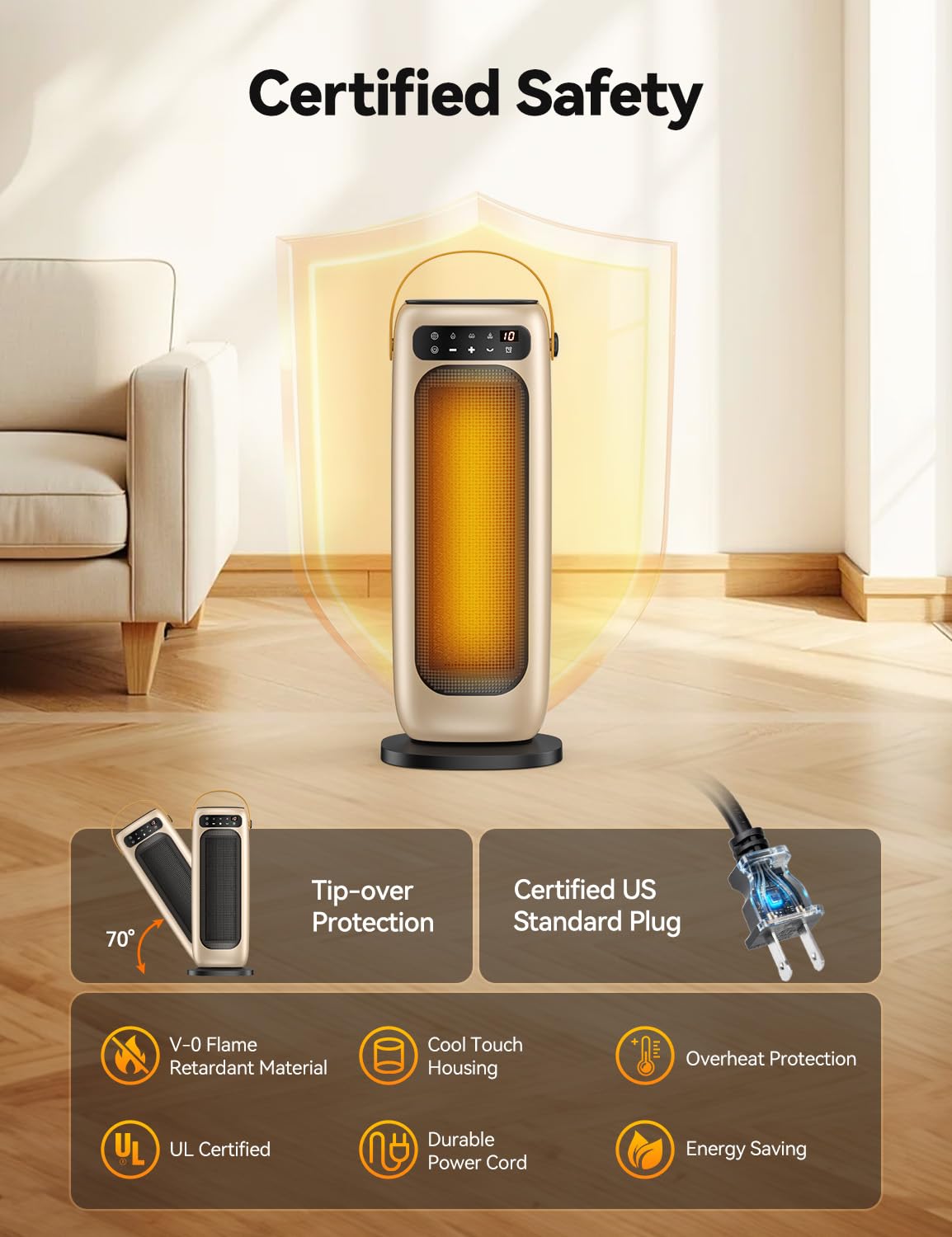 KQPZ Space Heater, 1500W PTC Ceramic Electric Heaters for Indoor Use with Remote, 4 Levels Room Heater with LED Touch Display, 110ยฐ Oscillation,10H Timer,Fast & Safe Portable Heater for Bedroom Office