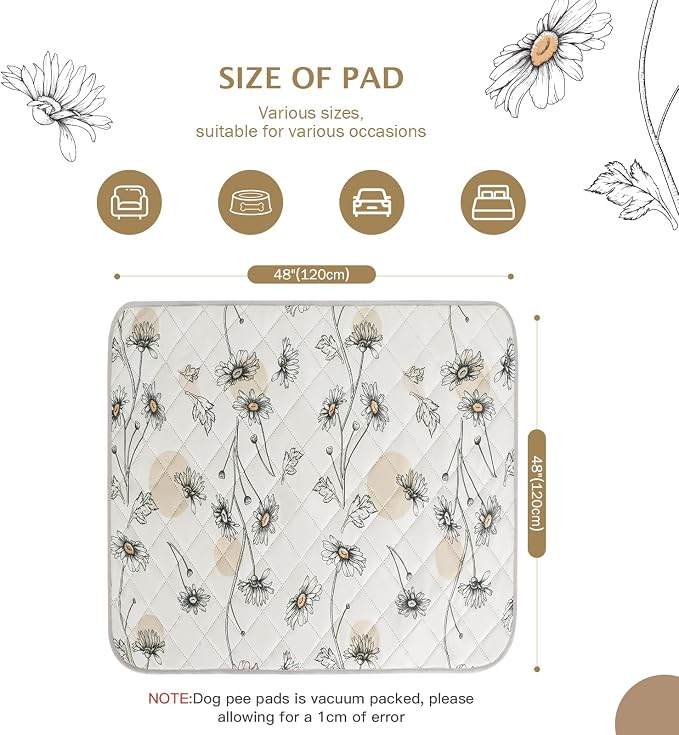 IEUUMLER Washable Pee Pads for Dogs, 1 Pack Non-Slip & Waterproof Pack Whelping Pad, Reusable Washable Puppy Potty Training Pad with Fast Absorbent for Playpen EU007 (Beige Daisy, 48"X48"-1pcs)