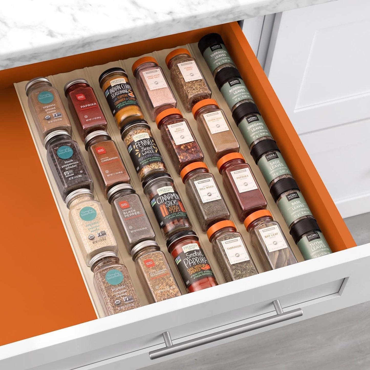 YouCopia SpiceLiner Adjustable Spice Drawer Liner, 10ft Roll, Sandstone, Seasoning and Spices Bottle Organizer Insert