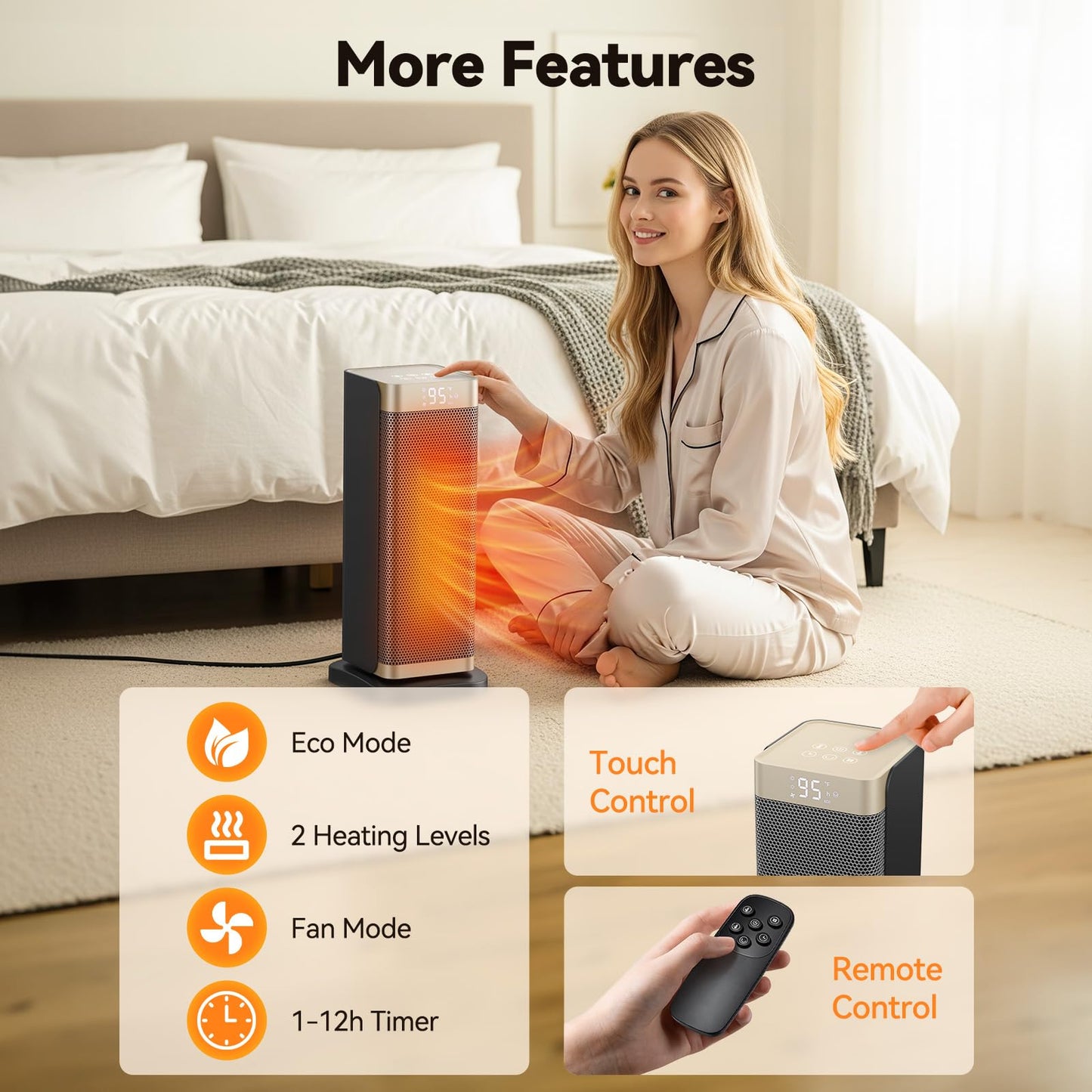 Space Heaters for Indoor Use, 1500W Electric Heater with Thermostat, 70ยฐ Oscillation, Remote Control, 3 Modes, 12H Timer, Portable Heater for Bedroom, Office, Home
