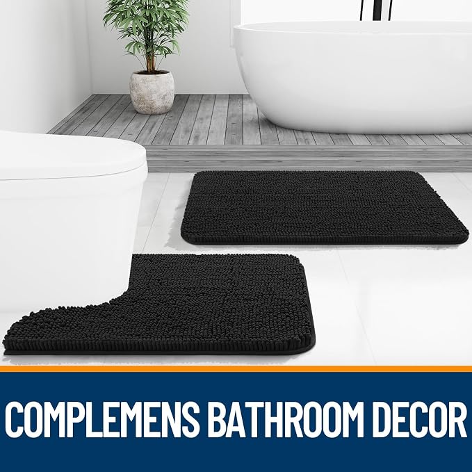 OLANLY Toilet Rugs U-Shaped 24x24, Extra Soft Absorbent Chenille Contour Bathroom Rugs for Toilet, Dry Quickly, Machine Washable, Non-Slip Bath Mat, Black