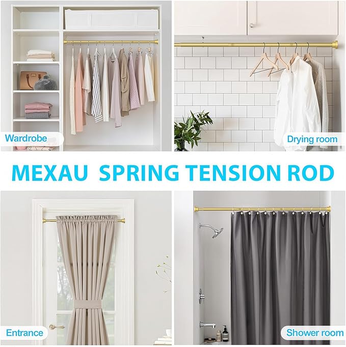 MEXAU 2 Pack Tension Curtain Rod For Window 30-64 Inches Adjustable Expandable Gold Spring Tension Rod Spring Curtain Rods No Drilling Extension Rods Tension Rod for Closet Doorway Kitchen
