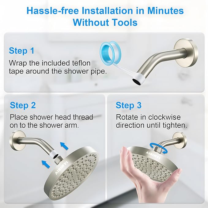High Pressure Rainfall Shower Head, 6 Inches Luxury Showerhead with Perfect Adjustable Replacement, Removable Restrictor, Easy Installation for Your Bathroom Shower Heads (Brushed Nickel)