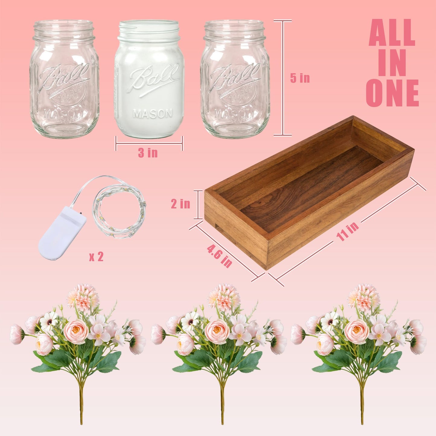 LIOZLIOLY Farmhouse Mason Jar Centerpiece with LED Lights and Artificial Flowers – Rustic Dining Table Decoration with Wooden Tray, Perfect for Kitchen, Living Room, Bathroom, or Coffee Table Decor