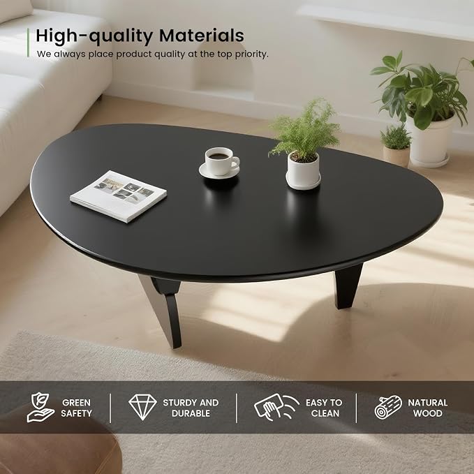 Solid Wood Triangle Coffee Table,Unique Mid Century Modern Oval Coffee Table,Irregular Geometric Tea Tables for Home Living Room with Wooden Tabletop and Reinforced (Black2, 43" L x 31" W x 16" H)