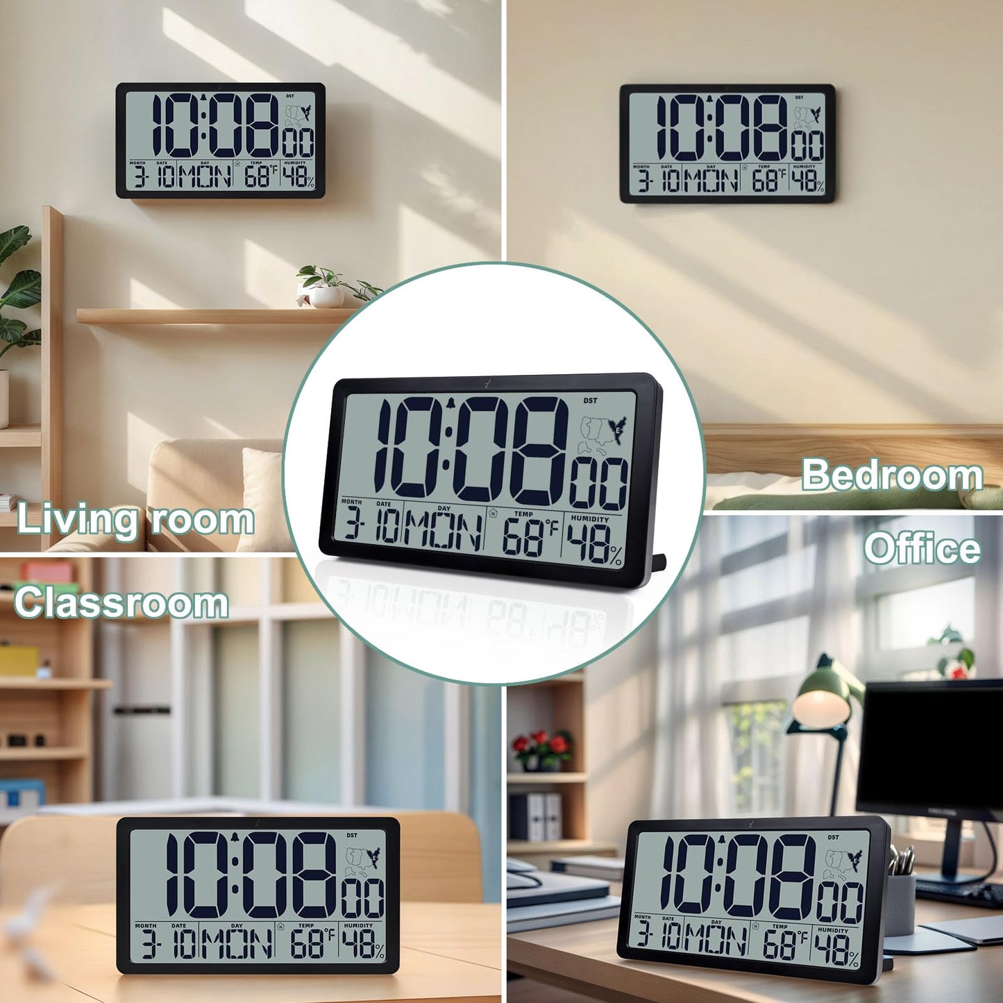 Atomic Wall Clock Battery Operated,10.5 inch Digtial Desk Clock with Temperature and Humidity,Self-Setting Alarm Clocks with 57 Ringtones,Auto DST, Large LCD Display for Seniors Batteries Included