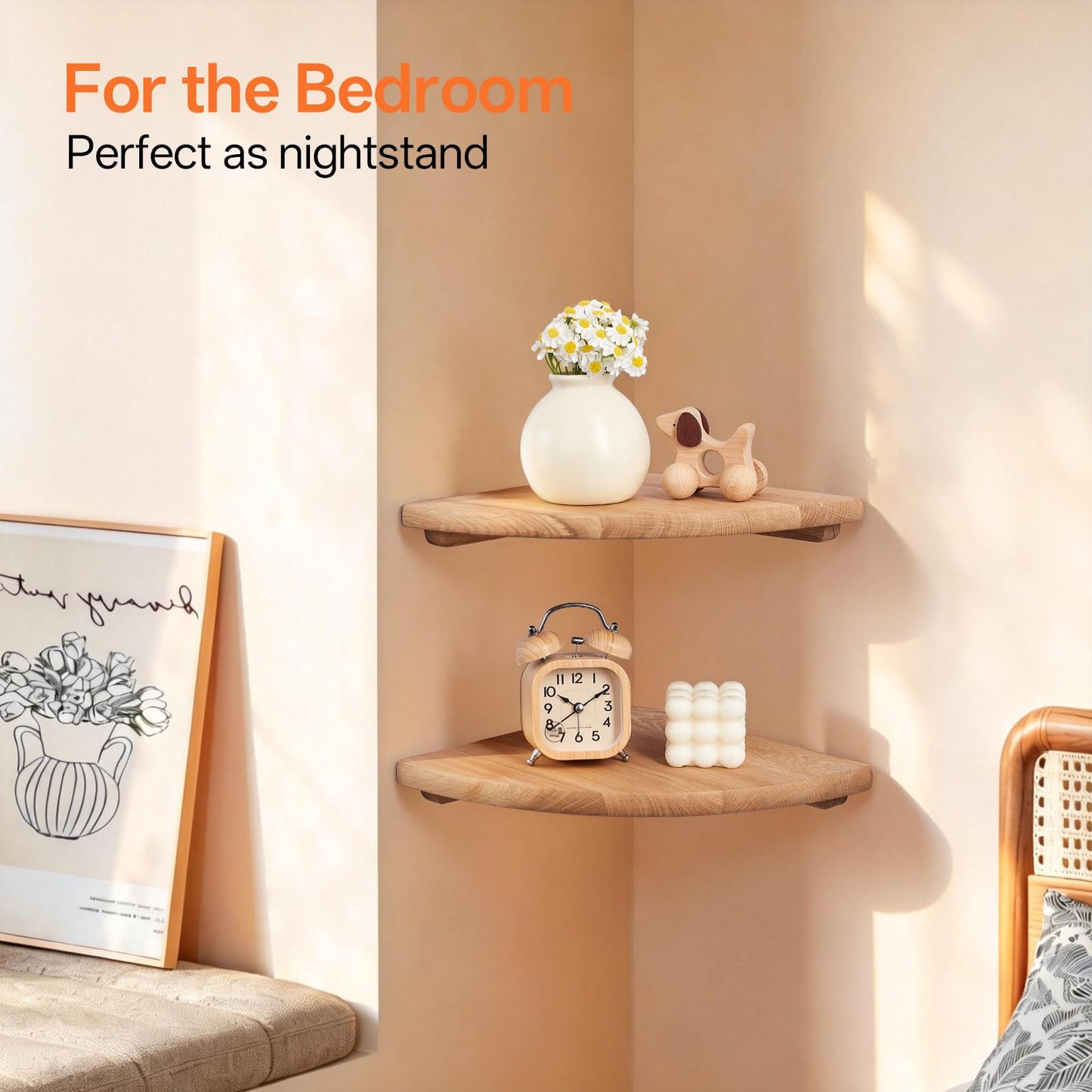 Gieanoo Floating Corner Shelves for Wall Set 2 16inch Solid Oak Rounded Corner Shelves Wall Mounted with Cable Hole Wood Corner Hanging Shelves for Living Room Bedroom Bathroom Kitchen