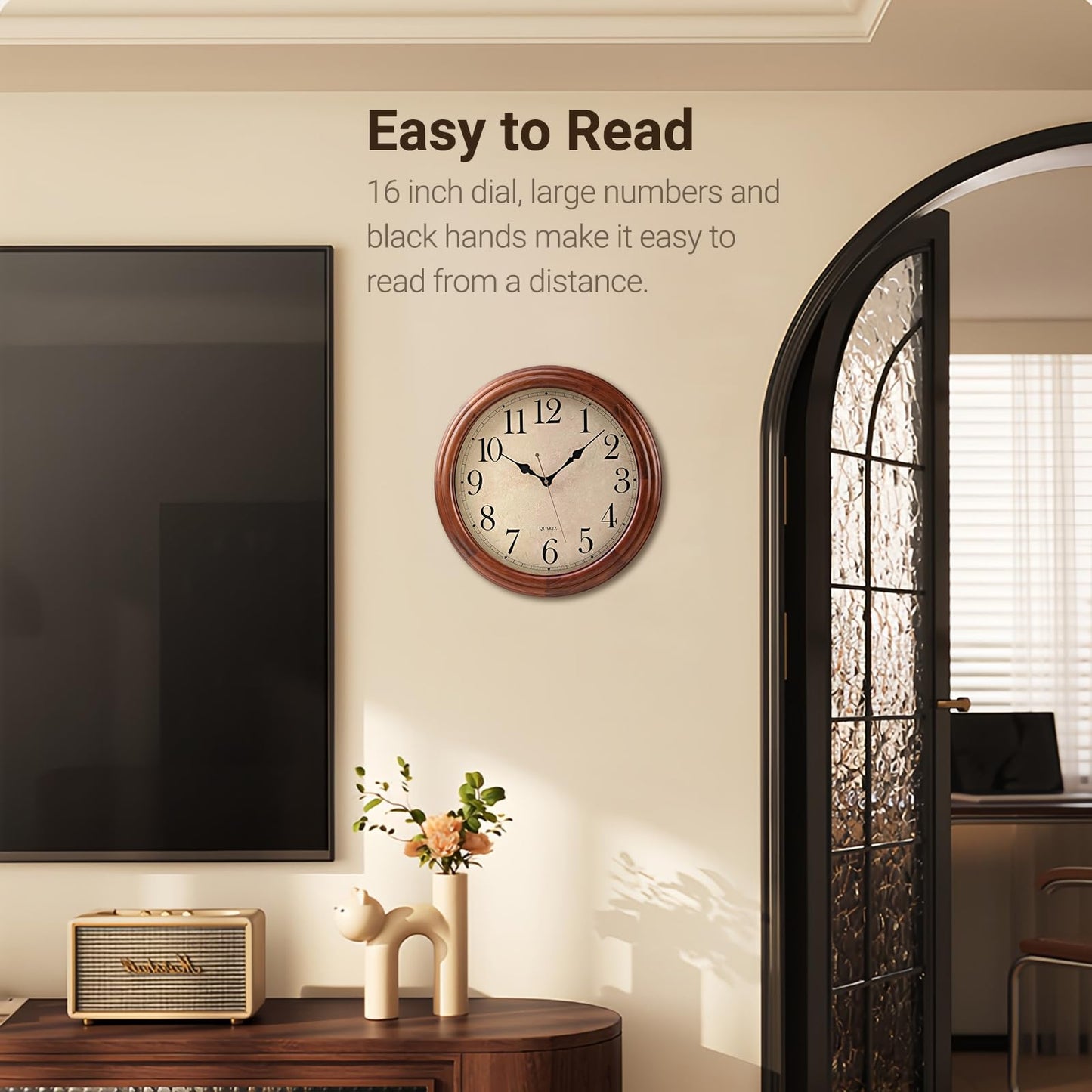 Auafanzy 16 Inches Wooden Wall Clock with Retro Design, Large Round Wood Wall Clock with Big Arabic Numerals, Battery Operated Silent Non-Ticking Brown Clock for Living Room, Kitchen, Bedroom.