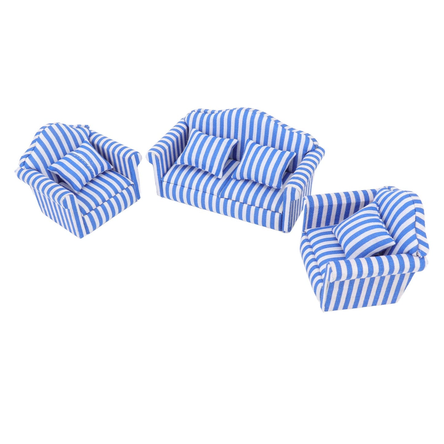 Miniature Dollhouse Sofa Set,3Pcs Pine Cloth Light Color Strip Blue 1:12 Scale Dollhouse Furniture for Collectors and Miniature Enthusiasts