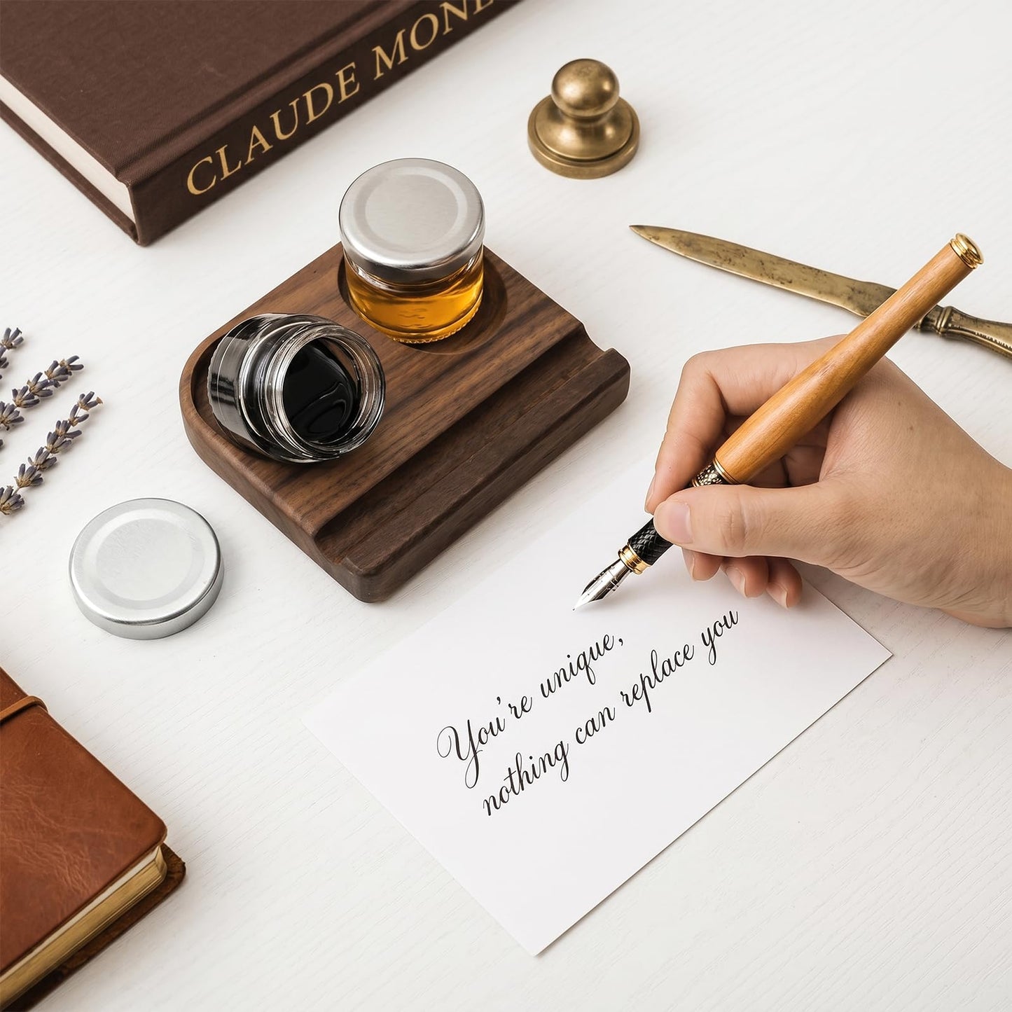 ZOOFOX Wooden Tilting Calligraphy Pen Holder, Brown Wood Ink Well for Dip Pen with Pen Rest and Two Empty Glass Ink Bottle Container, Calligraphy Oblique Nib Holder for Effortless Writing