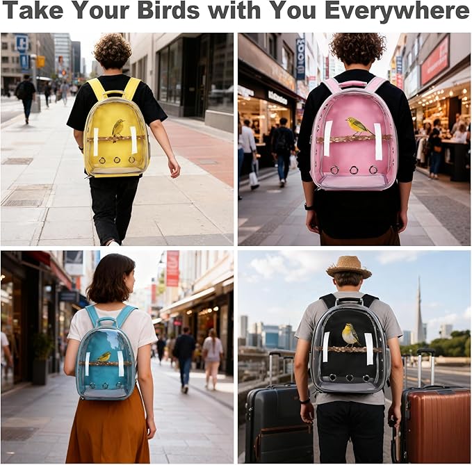 Bird Carrier Backpack with Wood Perch, Transparent Bird Travel Cage, Portable Pet Carrier Backpack, Breathable Hangbag for Vet Transport Camping Hiking (Yellow)