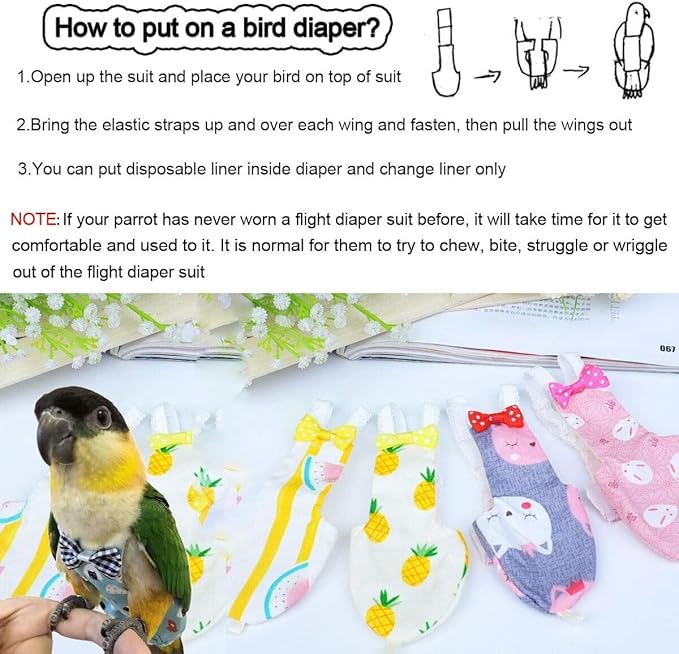 Diaper Flight Suite Liners for Birds Protective Nappy with Waterproof Inner Layer Cute Urine Wet Suit for Parrot Macaw African Budgies Conure Monk Parakeet (M,White)