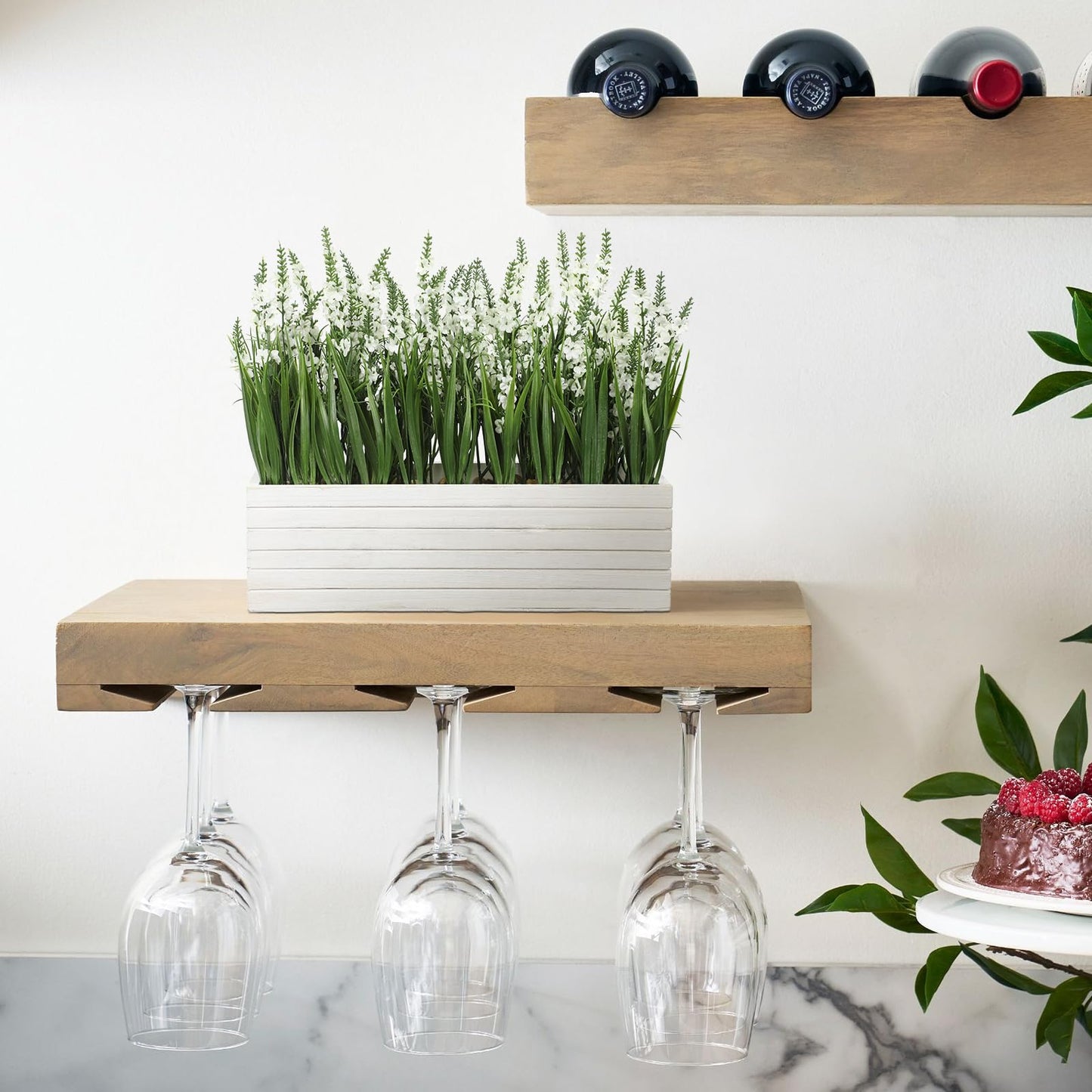14 Inch Artificial Lavender Flower Arrangement in Rustic Rectangular Wood Planter Box White Fake Lavender Flower Faux Potted Lavender Plants for Table Centerpiece Windowsill Shelf Home Decor Indoor