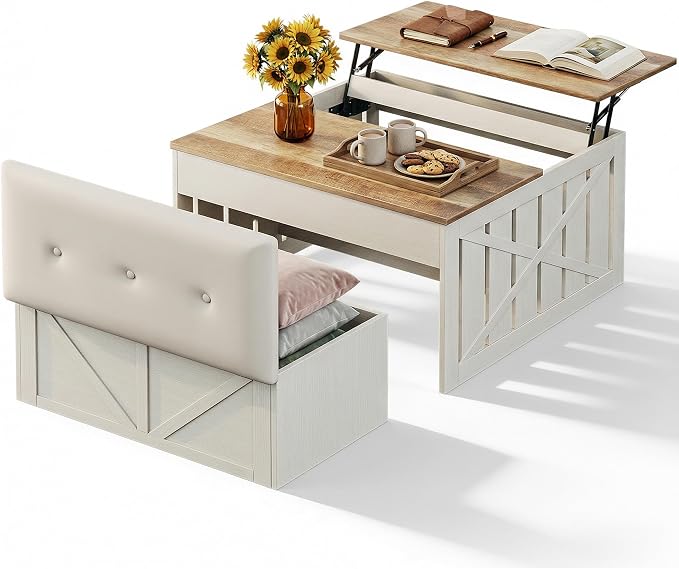 HUAHUU Lift Top Coffee Table with Storage Hidden Compartment, 31.5" Farmhouse Coffee Tables with Ottoman Bench, Center Table with Wooden Lift Tabletop for Living Room, White