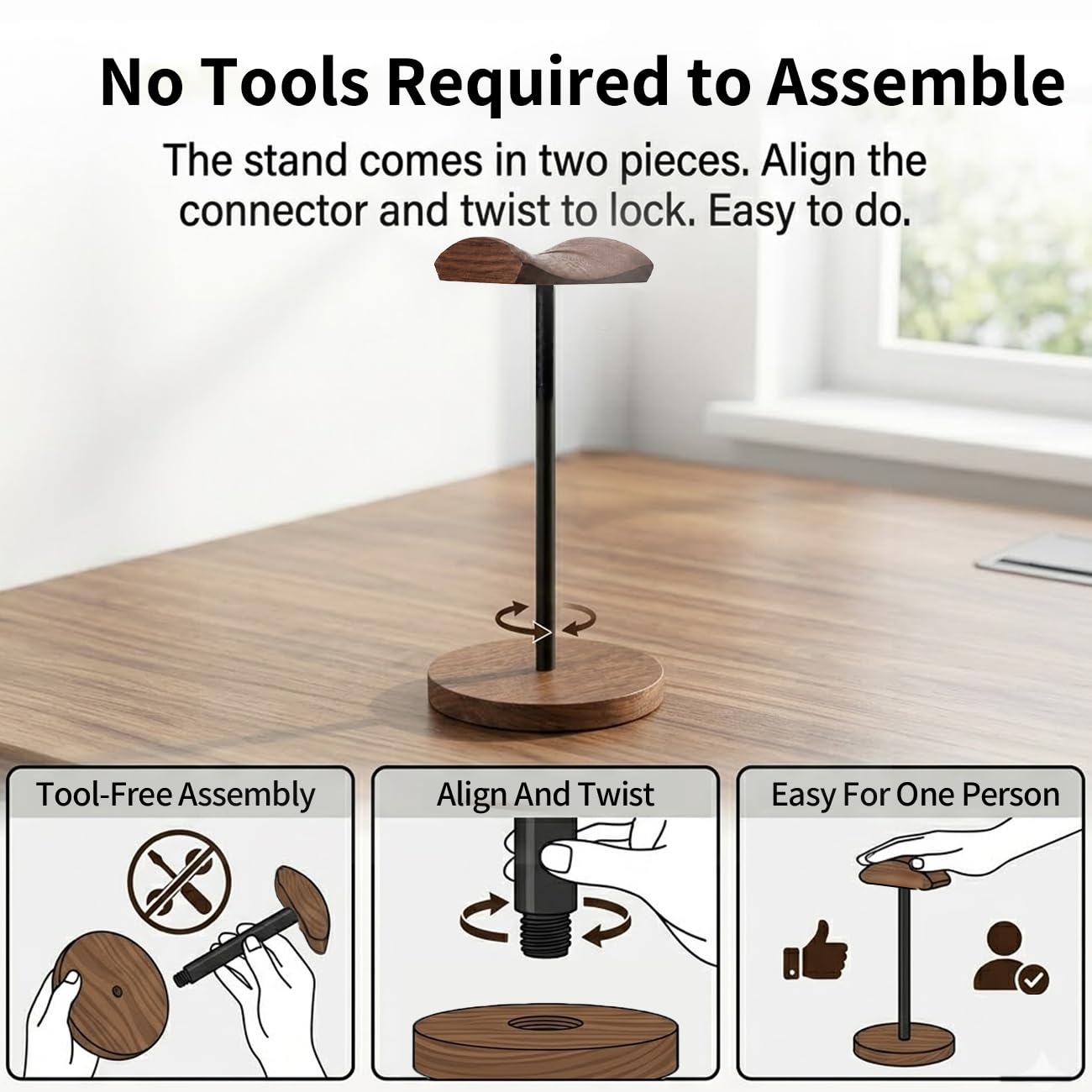 Bliocefo Headphone Holder Stand for Desk, Wood and Metal Headset Hanger Mount Hook Gaming Holder Desktop Earphone Artful Functional Craftsmanship Stand for All Headsets with Solid Wooden Base