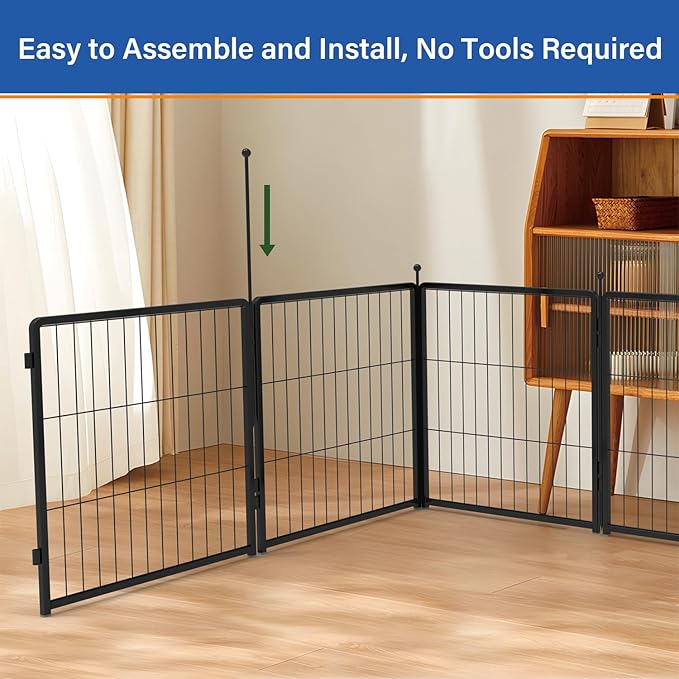 Dog Playpen 42 inch 4 Panels for Indoor & Outdoor Use – Heavy-Duty Metal Pet Fence with Ground Stakes, Rounded Ball Tops for Safety, Stable & Foldable Design, Easy to Assemble