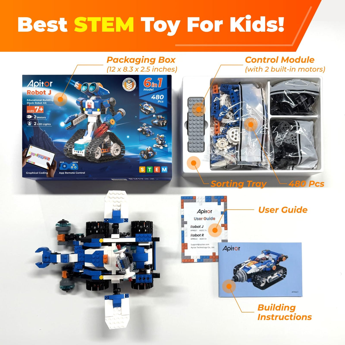Apitor STEM Robot Toy 6-in-1 Robot Building Kit for Boys Age 8-12, APP Remote Control STEM Coding Toys, Educational Robotics Gifts for Boys Girls Kids Ages 7 8 9 10 11 12 (480 Pieces)