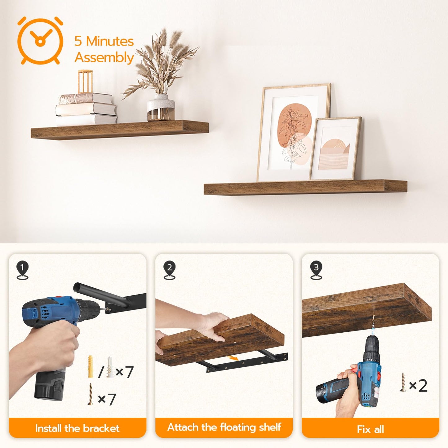 HOOBRO Floating Shelves for Wall, Wall Mounted Shelf Set of 2, 31.5" Hanging Shelf with Invisible Brackets, for Wall Storage in Bathroom Bedroom Kitchen Living Room Office, Rustic Brown BF80BJP201