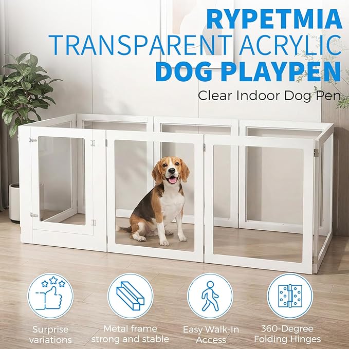 Heavy Duty Clear Acrylic Dog Playpen for Small/Medium Pets โ 32" High Clear Pet Pen with Sturdy Metal Frame (White, 2 Extended Panels)