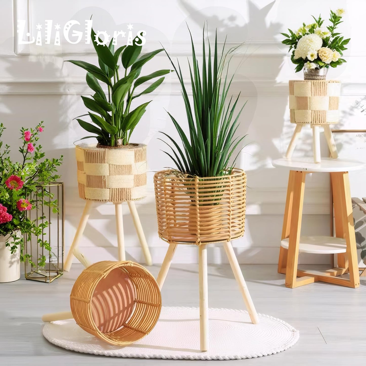 LiliGloris Boho Rattan Plant Stand Set of 2 – Handwoven Wicker Mid-Century Modern Floor Planter Stand for Indoor Plants, Large Farmhouse Decor, Sturdy Wood & Rope Design, Housewarming Gift
