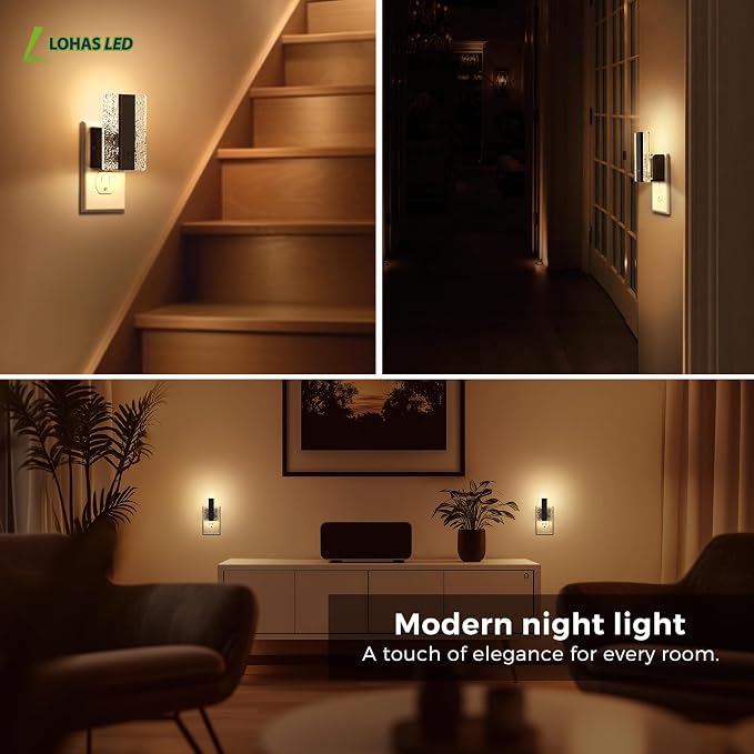 L LOHAS LED Night Lights Plug Into Wall, 2 Pack Night Light with Dusk-to-Dawn Sensor, Dimmable Decorative LED Nightlights, 0-100LM 3000K Adjustable Brightness for Bathroom, Hallway, Bedroom,Stairway