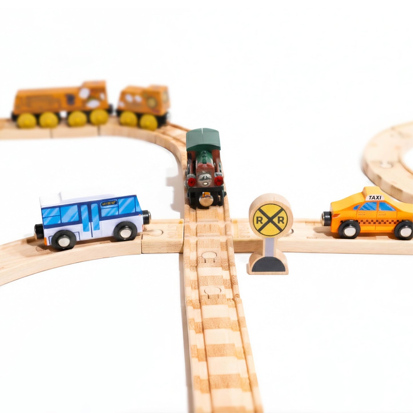 56 Piece Wooden Street and Train Track Set - for Wooden Vehicles and Trains - Train Track Accessories Compatible with All Wood Train Track Sets
