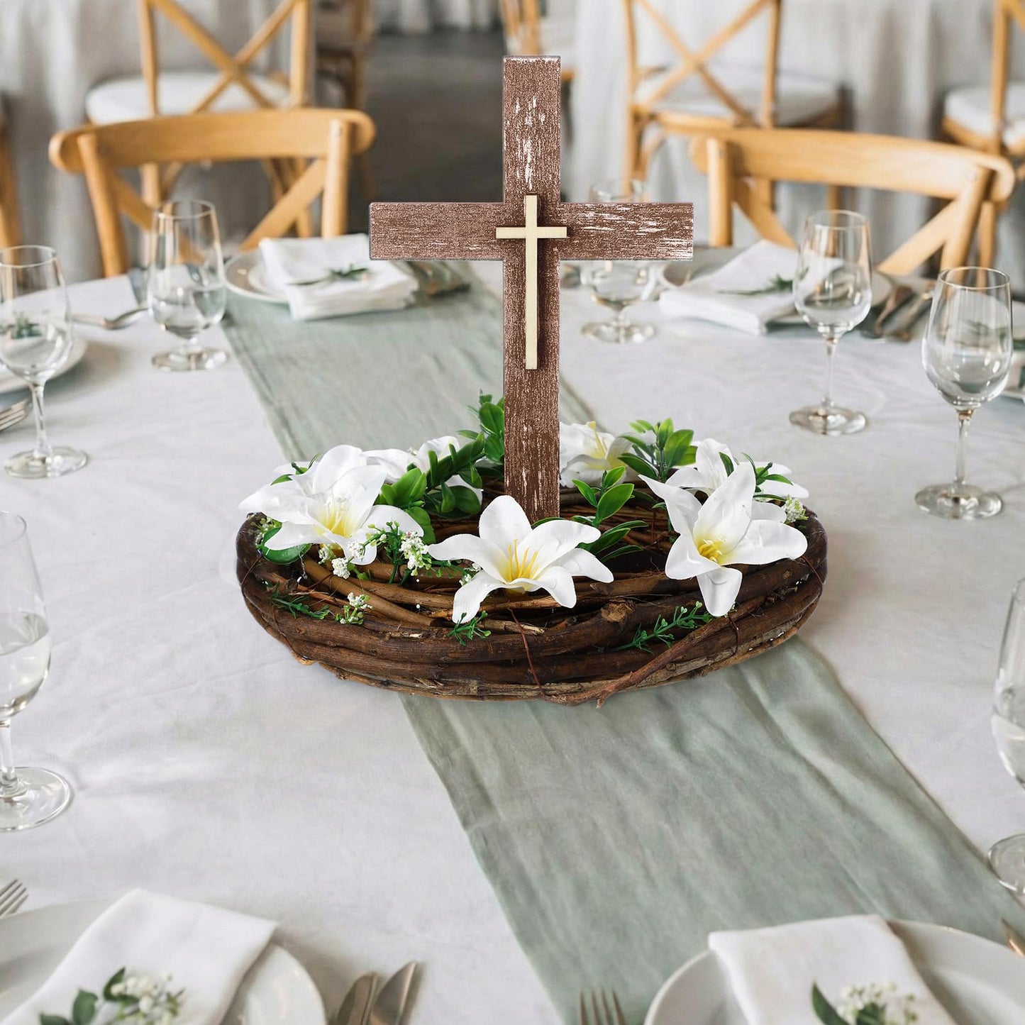 Kathfly First Holy Communion Cross Table Decor with Flower Wreath Standing Wooden Cross First Communion Religious Tabletop Signs Christian Baptism Centerpieces for Easter Rustic Farmhouse Decor Gift