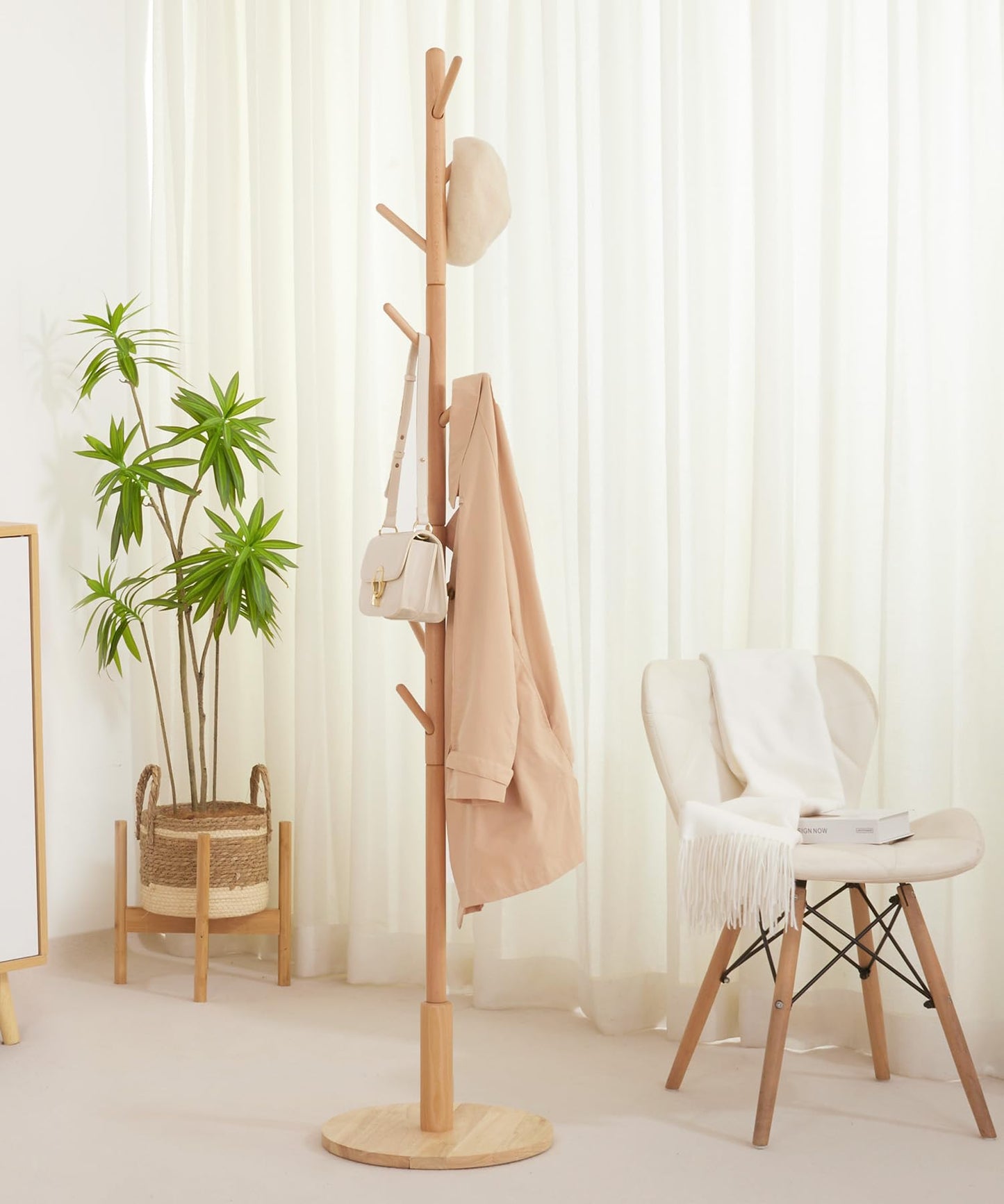 Cozivolife Standing Coat Rack,Wooden Coat Rack Stand with 9 Hooks and 3 Height Adjustable,Beech Wood Tree Coat for Bedroom,Office,Entryway (Bamboo)