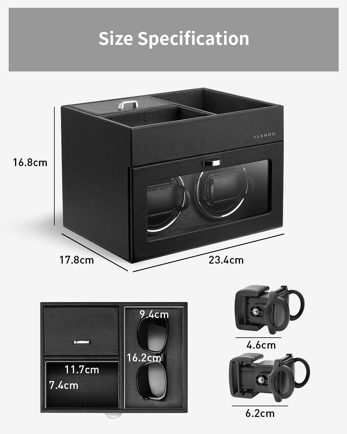 VLANDO Automatic Double Watch Winder for Men - Watch Winder Box with Jewelry Organizer Tray for Father Husband Dad, Japanese Quiet Motor, LED Light, Adjustable Watch Pillows - Black