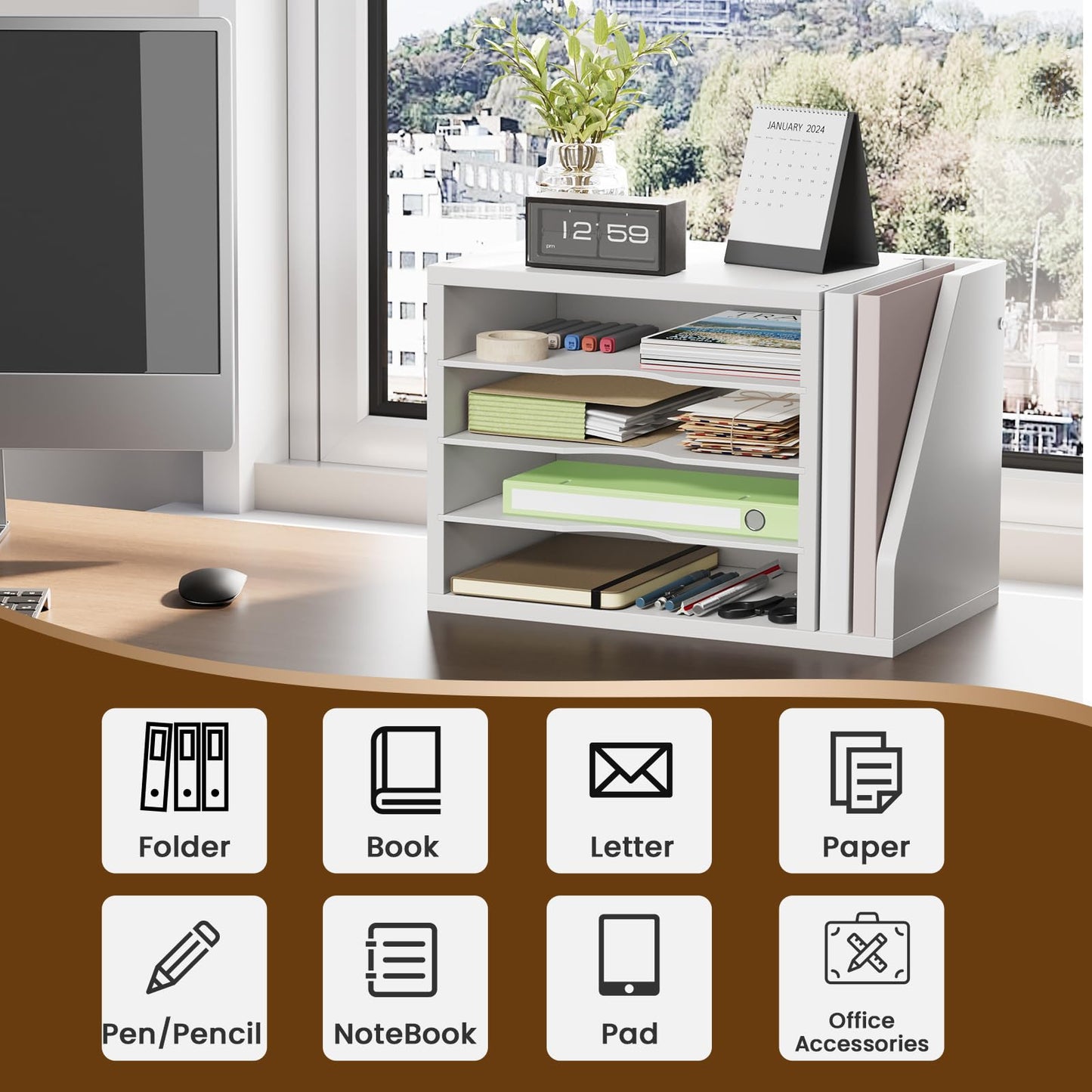 Creso hom Mail Sorter, File Organizer Desktop, Wood Desk Organizer with 3 Adjustable Shelves, Mail Holder for Office, Home, Letter Sorter File Holders for Envelopes, Mail Supplies Magazines, White