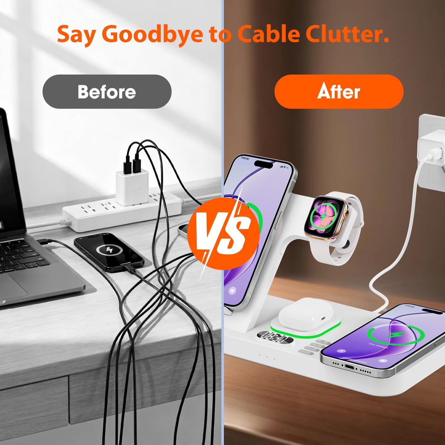 Dual Phone Magnetic Wireless Charging Station for Apple Devices/Apple Ecosystem,with Auto-Switch 7-Color Light & Clock, Compatible with iPhone 17/16/15, for iWatch 11/10/9 & AirPods Pro3(Cream