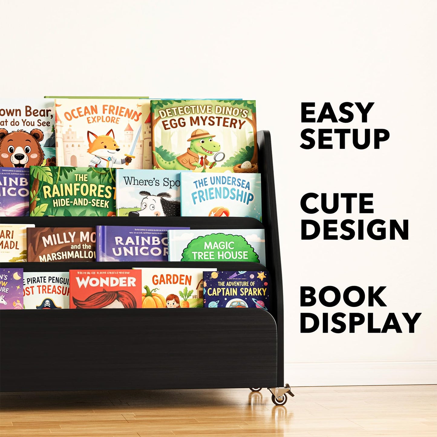 SpaceAid Double-Sided Mobile Bookshelf, Montessori Bookcase for Toddlers, Wooden Book Storage Organizer Shelf Furniture for Kids Rooms, Playroom, Nursery and Classroom, 29.5“ Wide 4-Tier, Black