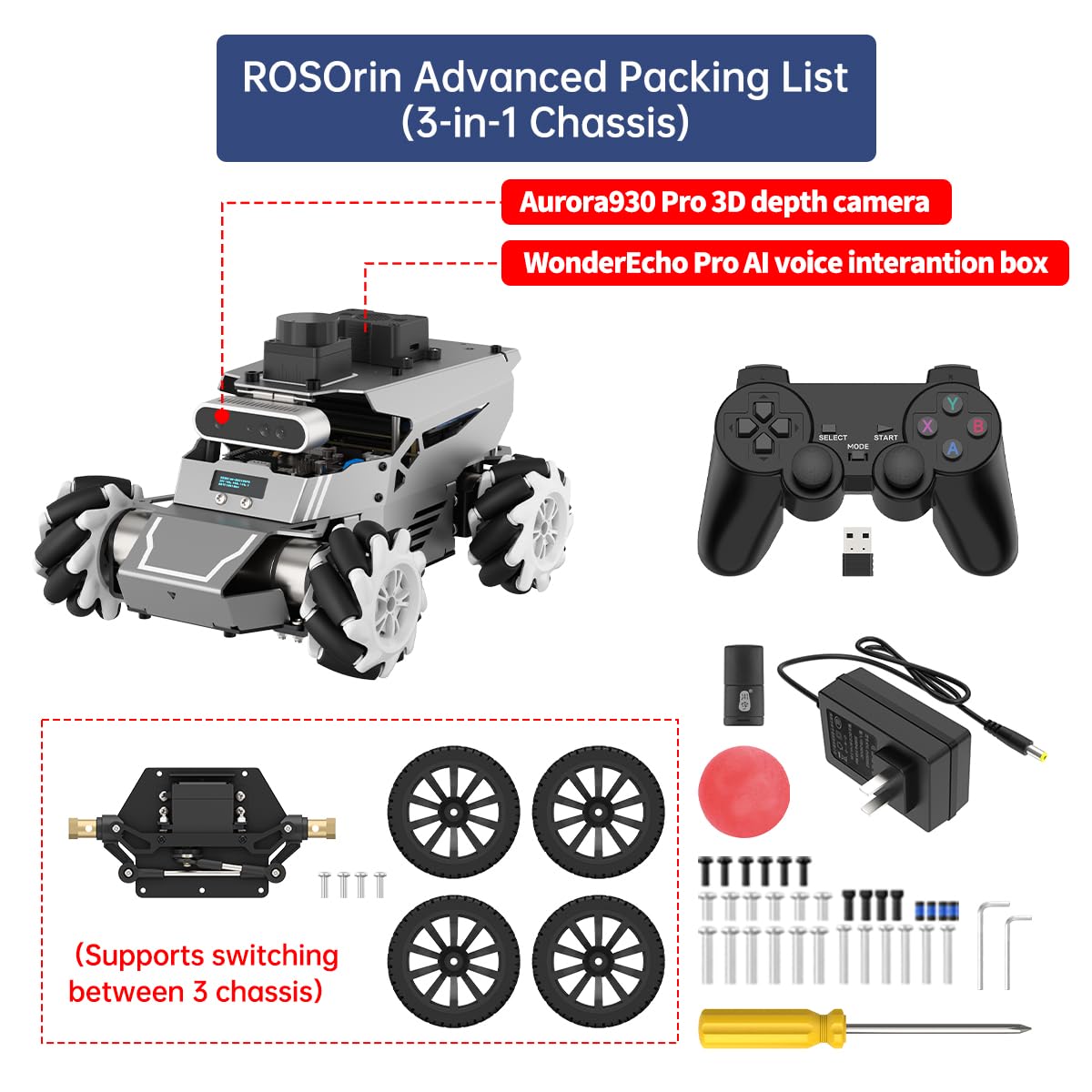 HIWONDER ROS2 Robot Car for Jetson RPi Gemini ChatGPT Large AI Models Depth Camera SLAM Mapping Autonomous Driving Programming Education 3-in-1 Chassis Car, ROSOrin Advanced Kit & RaspberryPi 5 8G