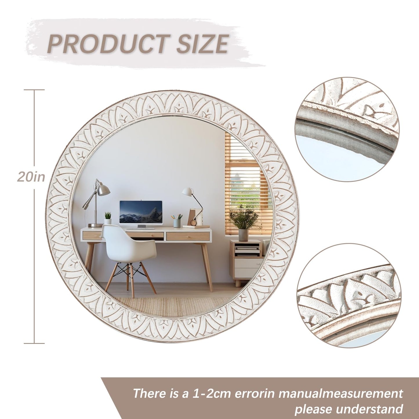 fuxuiwy 20" Round Rustic Mirror Wooden Frame Circle Mirrors, Distressed Wall Mounted Mirror for Bathroom, Bedroom, Living Room, Entryway, Fireplace, Hall