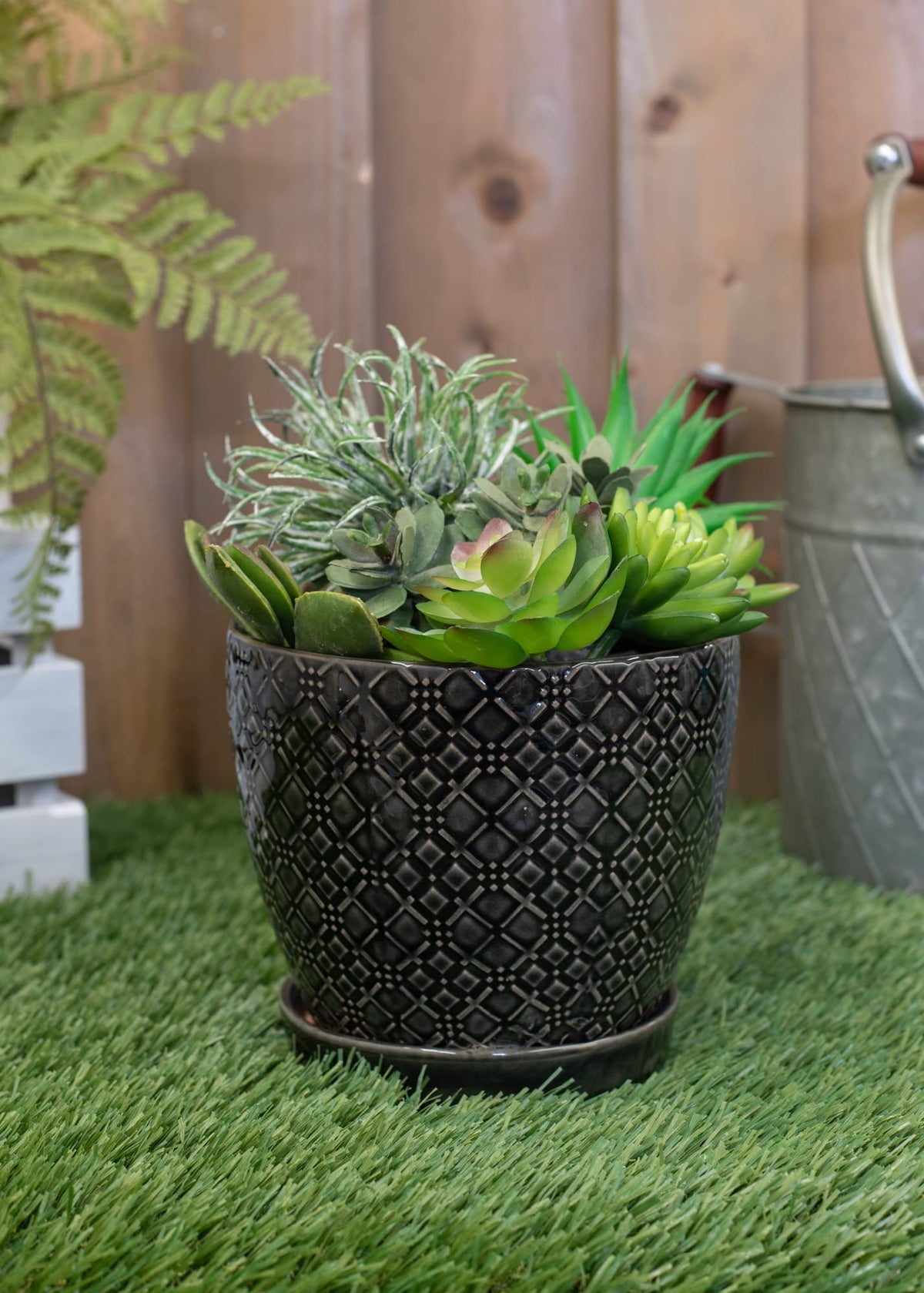 Napco Distressed Black Laser 6 x 6.5 Ceramic Table Top Planter Pot with Saucer