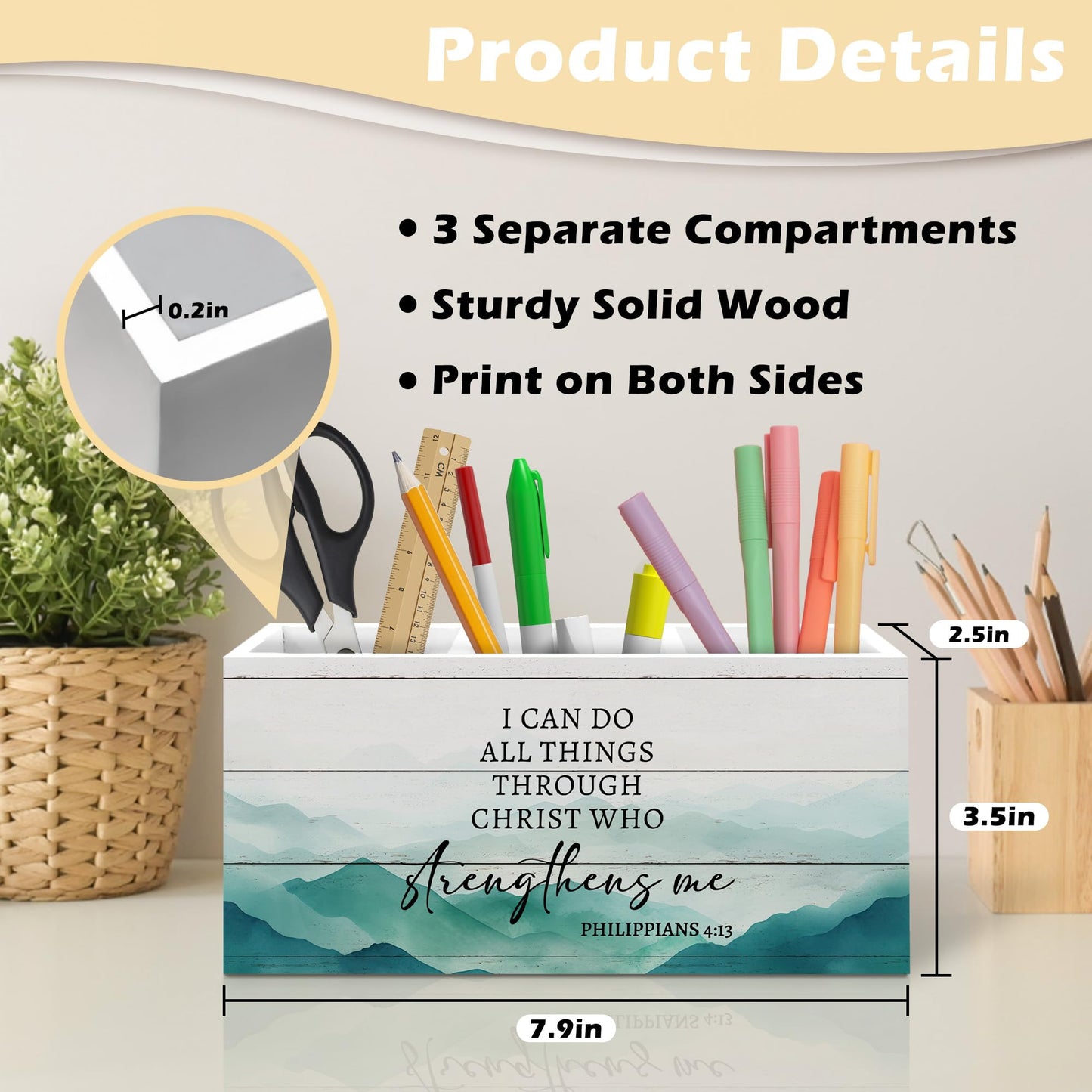 ANIANG Motivational Christian Pen Holder Organizer, Christian Desk Decor, I Can Do All Things Through Christ Bible Verse Wooden Pen Pencil Holders for Home Office Desk Accessories