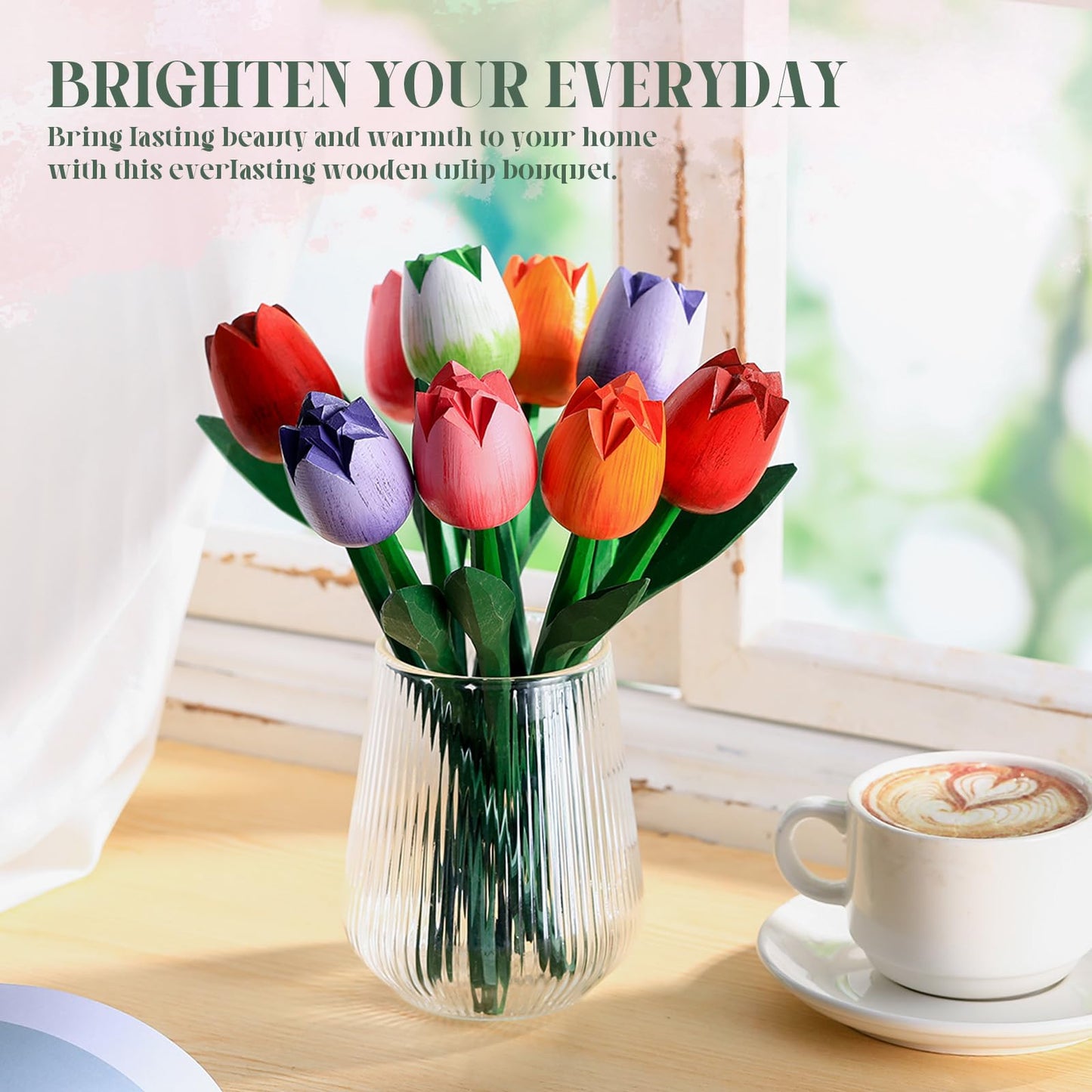 CroBlissful 10 Pcs 9 Inch Spring Wooden Tulip Flowers Gift for Graduation Spring Decorations for Home Wood Tulips Table Centerpieces for Vase Tabletop, April Showers Bring May Flowers Decor