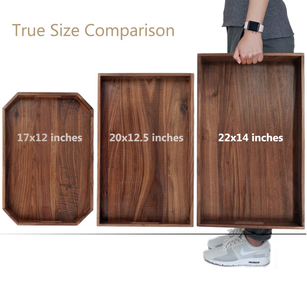 MAGIGO 22 x 14 Inches Large Rectangle Black Walnut Wood Ottoman Tray with Handles, Serve Tea, Coffee, Classic Wooden Decorative Serving Tray