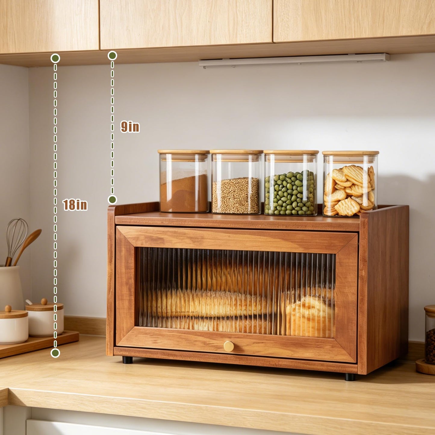 OCSERMIR Wooden Bread Box for Kitchen Countertop, Daily Bread Storage for Clutter-Free Counters, Flat Top Bread Holder with Acrylic Door, Brown