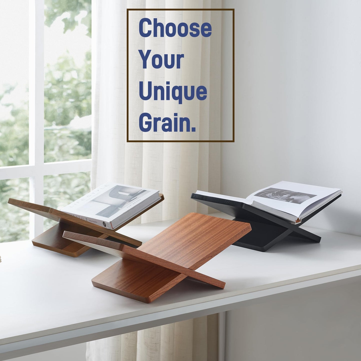DECORANY Solid Wooden Book Stand for Desktop Display & Reading –15.7" x 9.4" x 5.7” Extra Large Wood Open Book Holder for Cookbook, Bible, Recipe, Textbook, Magazine (N. American Black Walnut)