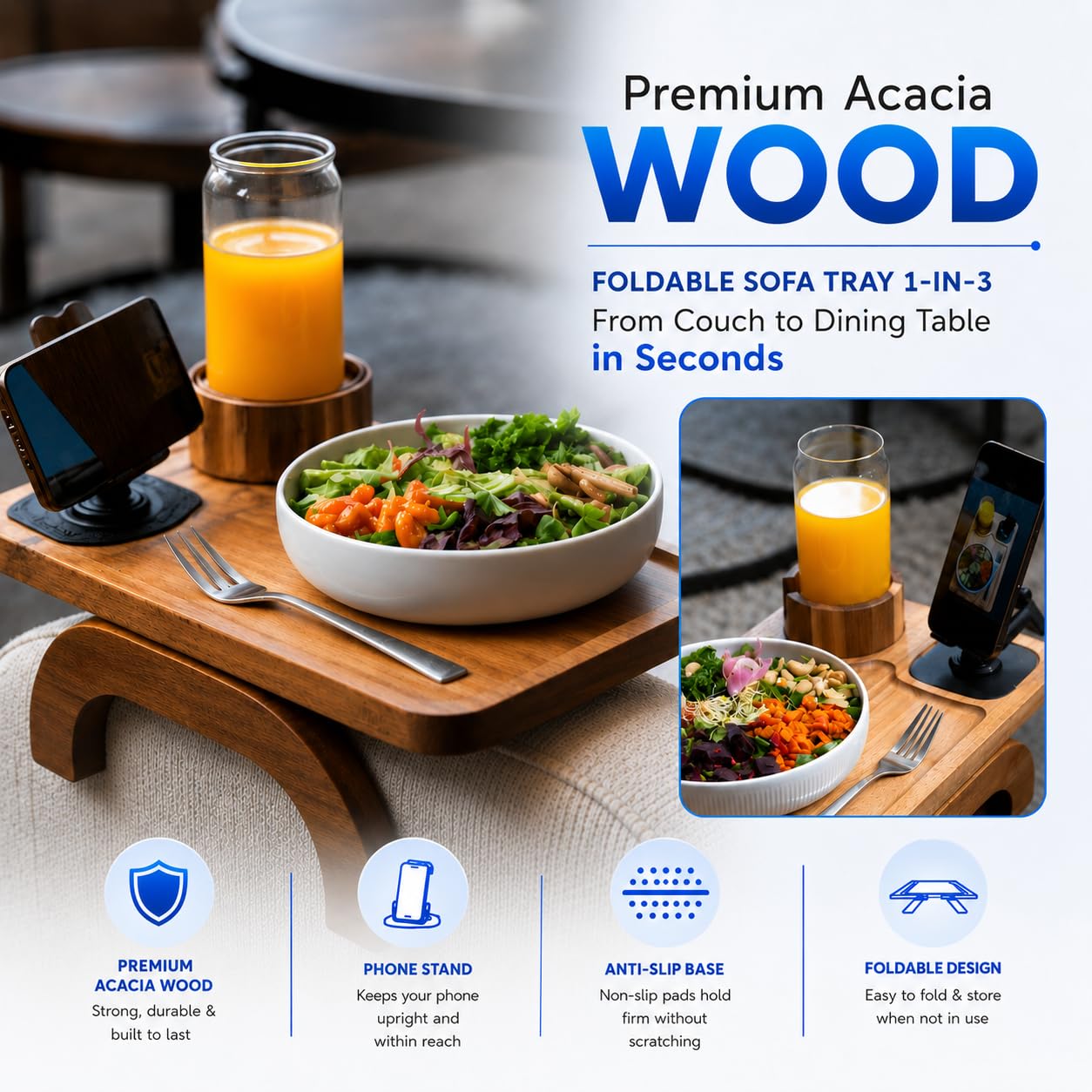 Nesture Living Couch Armrest Table with Cup Holder (15.31" x 9.65") - Acacia Sofa Arm Tray Organizer with Magnetic & 360° Rotating Phone Holder - Fits Couch Arm for Drinks, Snacks & Remote Control