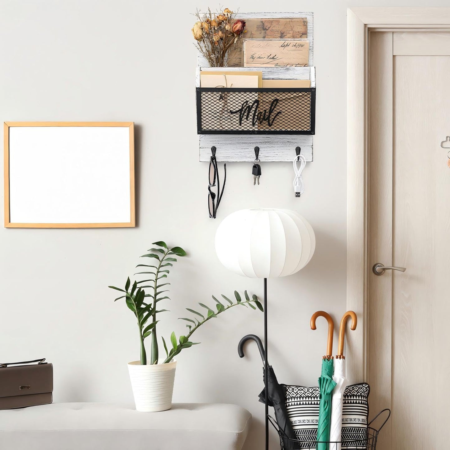 Yalikop Farmhouse Mail Organizer Wall Mounted Rustic Mail Holder Hanging Key Sorter with 3 Hooks Indoor Wooden Wall Mounted, Letter, Magazines, Newspapers, Keys(Classics,White Gray)