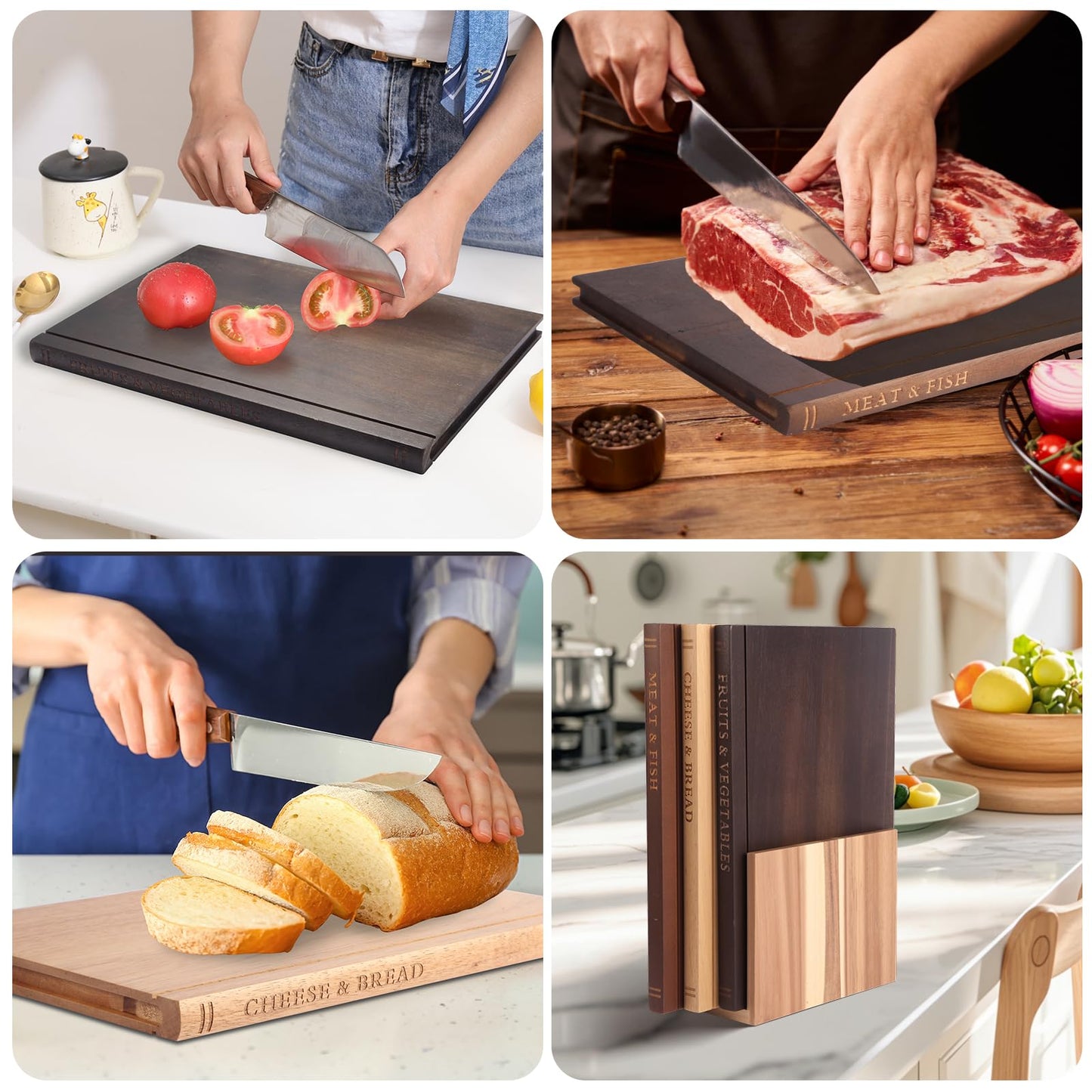 Book Cutting Board Set, Wooden Kitchen Book Cutting Board with Stand, Book Shaped Cutting Board for Kitchen Prep & Decorative Display