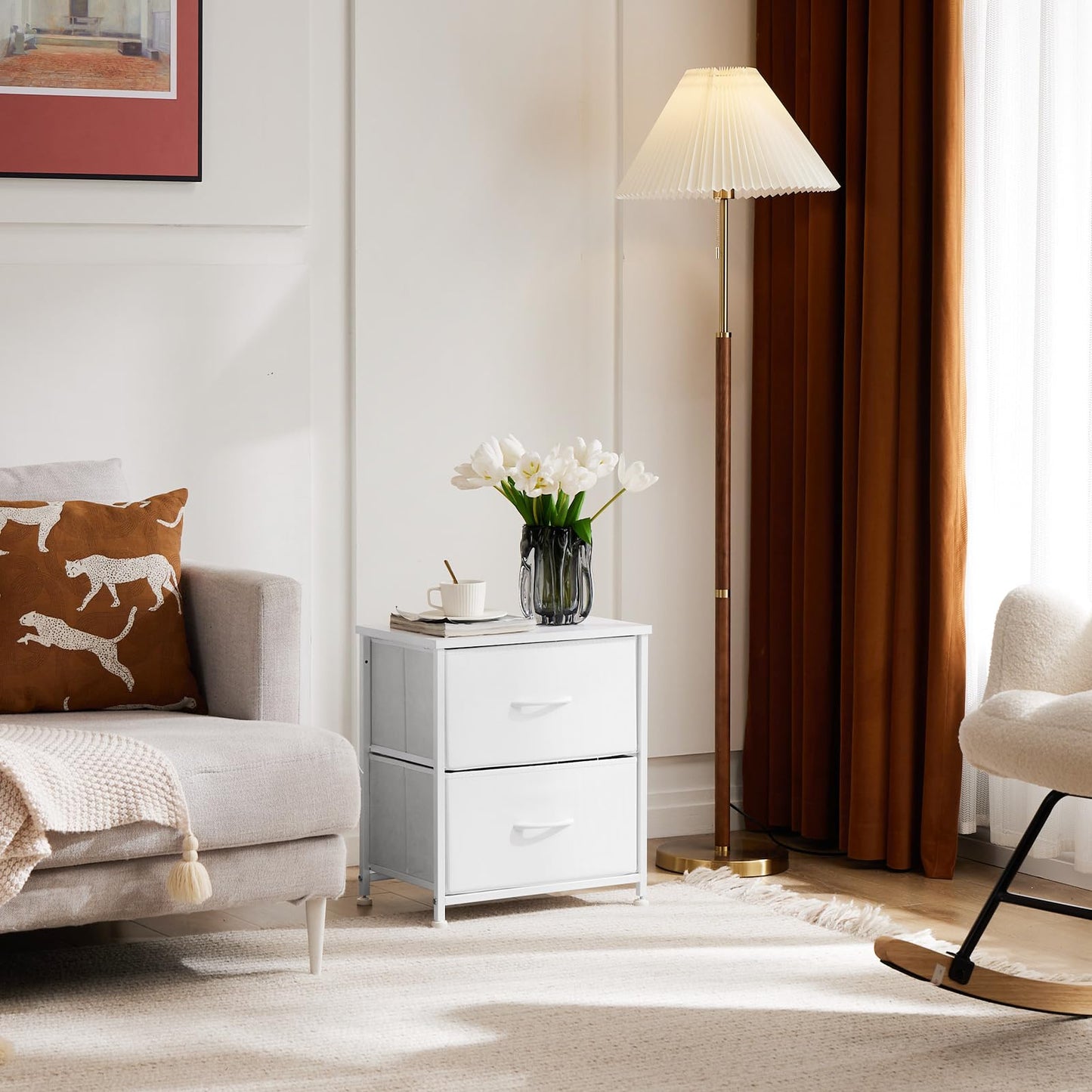 DUMOS Nightstand Small Dresser with 2 Fabric Drawers Side Tables Bedroom End Table Kids Bedside Storage Furniture for 20 inch Tall Night Stand for Closet, Entryway, College Dorm, White
